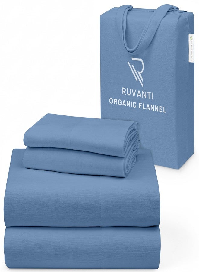 RUVANTI Flannel Sheets King Size - GOTS Certified 100% Organic Cotton, 4 Piece Warm, Soft & Breathable Set, Deep Pocket Snug Fit, Double Brushed Cozy All Season Bedding, Denim Blue - Image 1