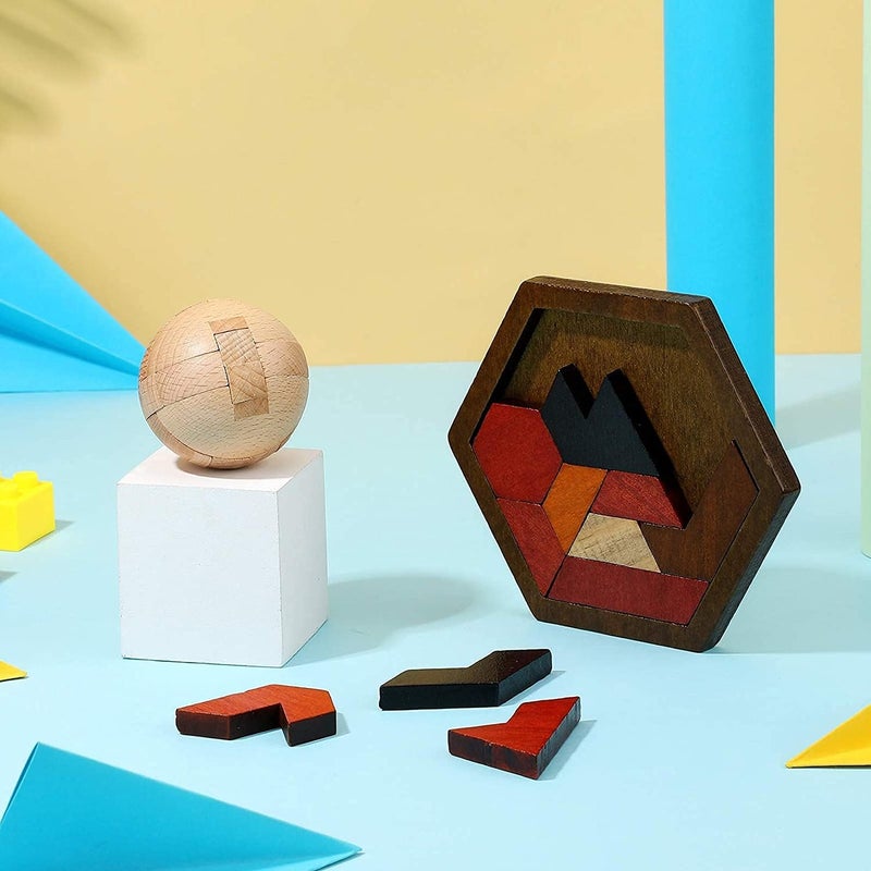 Mumoobear Mumoo Bear Hexagon Tangram Puzzle Wooden Puzzle For Children And Adults Challenging Puzzles Wooden Brain Teasers Puzzle For Adults Puzzles Games Family Portable Puzzles Brain Game - Image 5