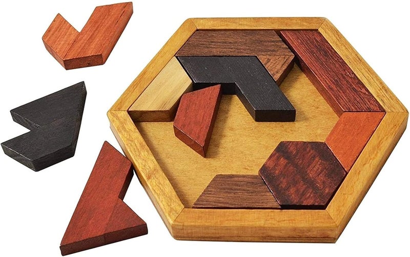 Mumoobear Mumoo Bear Hexagon Tangram Puzzle Wooden Puzzle For Children And Adults Challenging Puzzles Wooden Brain Teasers Puzzle For Adults Puzzles Games Family Portable Puzzles Brain Game - Image 1
