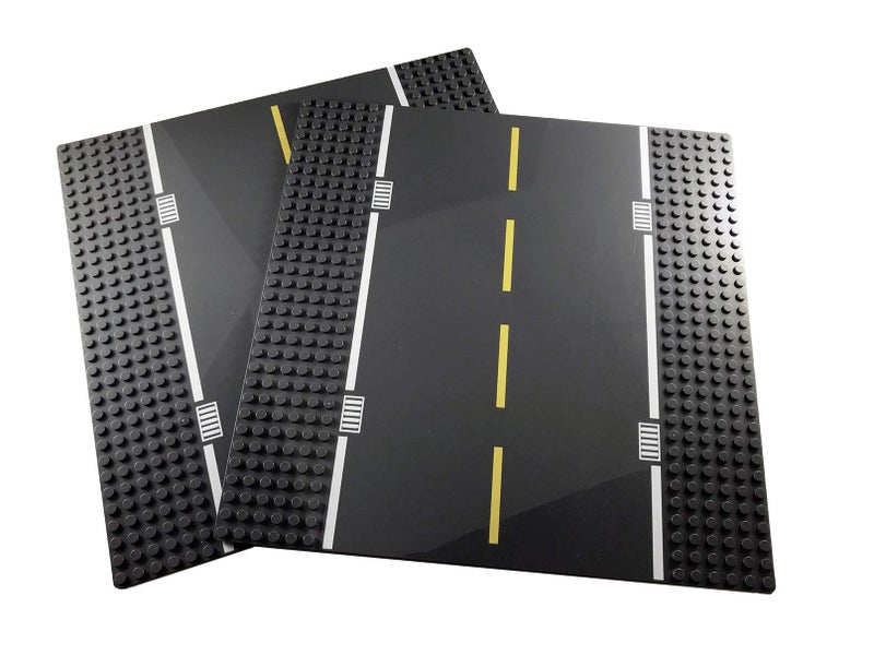 Apostrophe Games Road Baseplate â€“ Premium Building Blocks Base Plates Compatible with All Major Brands â€“ 2pcs Baseplate Gray with Road Design â€“ 2 Straight Roads - Image 1