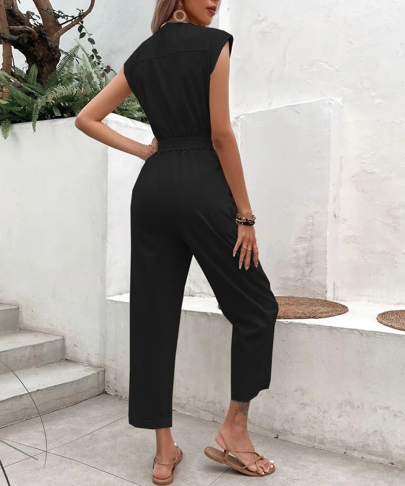 توريداس Barbora Linen Women's V-Neck Single Breasted Sleeveless Jumpsuit LN28BLACK