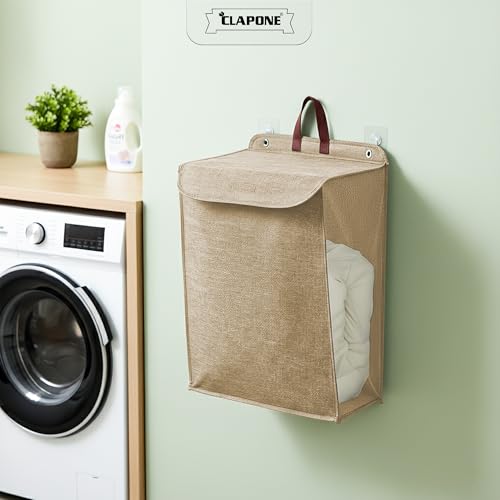 CLAPONE Wall Hanging Laundry Basket Collapsible Laundry Hamper with Handle & Laundry Balls Foldable Space-Saving Dirty Clothes Organizer for Bathroom & Bedroom (Beige, Regular) - Image 3