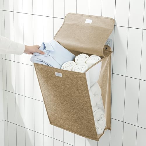 CLAPONE Wall Hanging Laundry Basket Collapsible Laundry Hamper with Handle & Laundry Balls Foldable Space-Saving Dirty Clothes Organizer for Bathroom & Bedroom (Beige, Regular) - Image 1