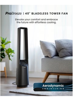 Pro Breeze 40 inch Bladeless Tower Fan with DC Motor - Ultra Quiet Fan with Remote Control, LED Display, 6 Fan Speeds, 5 Operation Modes, 60° Automatic Oscillation & 7H Timer - Black  - Image 2