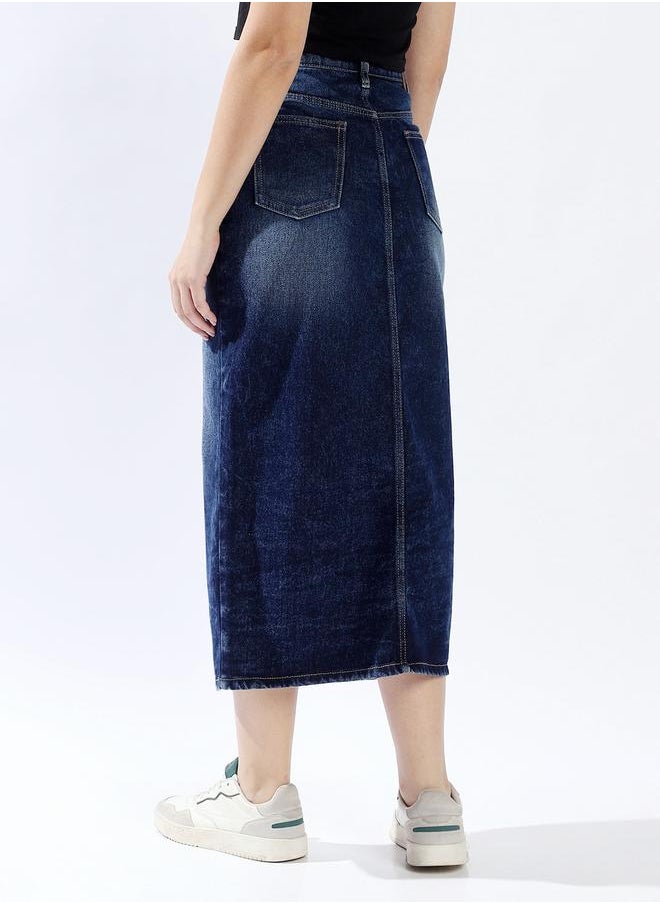 HIGH STAR Women High Rise A-Line Midi Denim Side Front Slit cotton Skirt  - Image 5