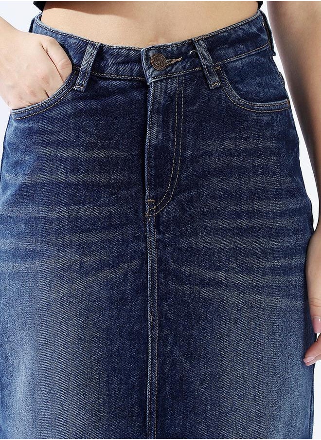 HIGH STAR Women High Rise A-Line Midi Denim Side Front Slit cotton Skirt  - Image 3