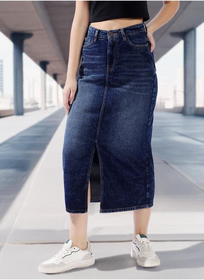 HIGH STAR Women High Rise A-Line Midi Denim Side Front Slit cotton Skirt  - Image 2