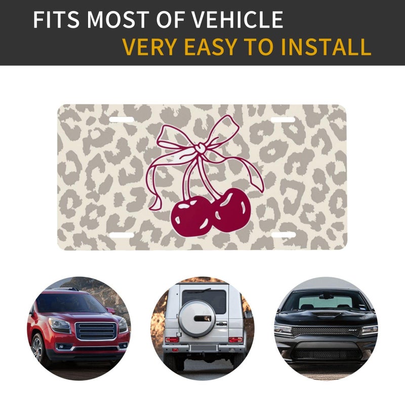 CTVSLFU Front License Plate Cover â€“ Aluminum Metal Car Accessory, Rust-Proof Novelty Vanity Tag Decor for Men & Women, 6x12 with 4 Holes - 040 Cherry Tie Leopard Pattern - Image 4