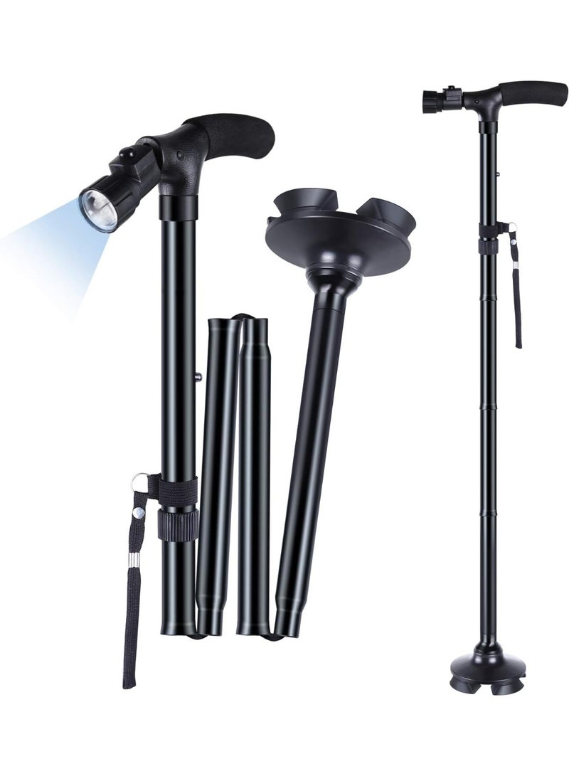 Folding Walking Cane for Elderly Men Women Quad Base, Adjustable Folding Cane with Flashlight, Folding Walking Sticks for Elderly, Folding Telescopic Crutches for Safe Walking - Image 1