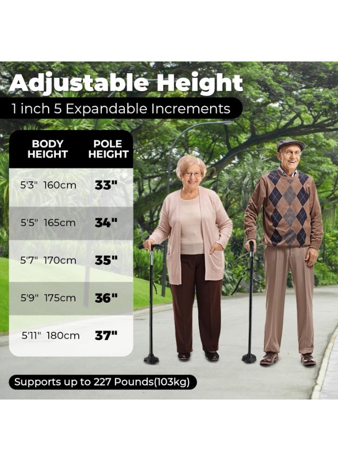 Folding Walking Cane for Elderly Men Women Quad Base, Adjustable Folding Cane with Flashlight, Folding Walking Sticks for Elderly, Folding Telescopic Crutches for Safe Walking - Image 2
