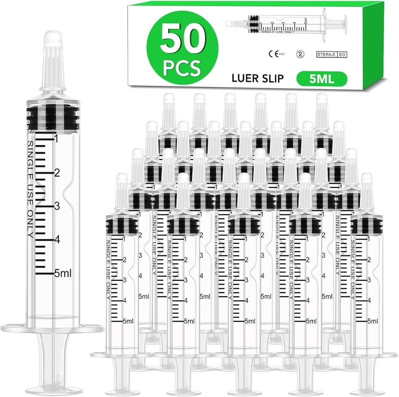 TENKAIWICK 50 PCS 5ml Syringe with Cap for Liquid,Oral Syringe without Needle for Medicine Dropper, Colostrum Collect, Feeding Pets, Liquid Measuring, Individually Sealed, Luer Slip Long term use design - Image 1