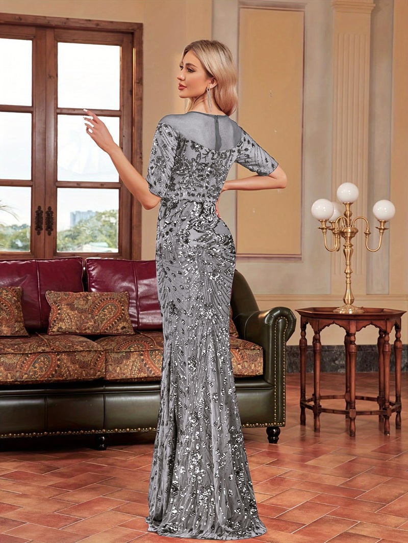 XUIBOL Short Sleeve Glitter Mermaid Evening Dress for Mother of The Bride Patchwork Women's Sequin Formal Gown Dark Gray S - Image 2