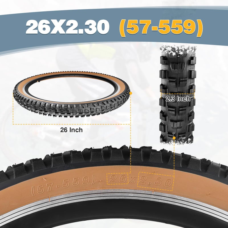 WEEROCK 26 x 2.3 (57-559) MTB Bike Tire Two Pack 26 Inch Tires Folding Bead Replacement Tyre 2.3 Inch Wide Mountain Bicycle Tires with Inner Tubes for 26" Bicycles, Brown Wall Side - Image 2