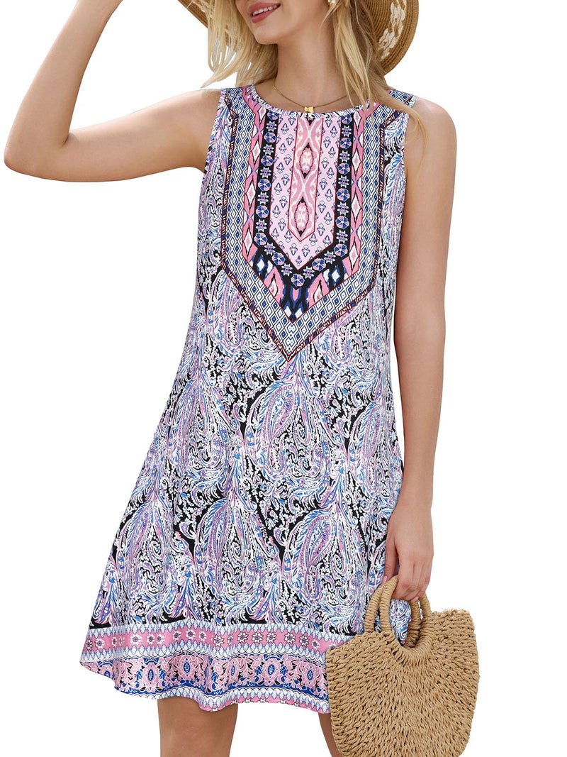 elescat Boho Dresses for Women Summer Ethnic Beach Sleeveless Vintage Floral Flowy Pocket Tshirt Tank Sundresses(Purple,XL) - Image 3