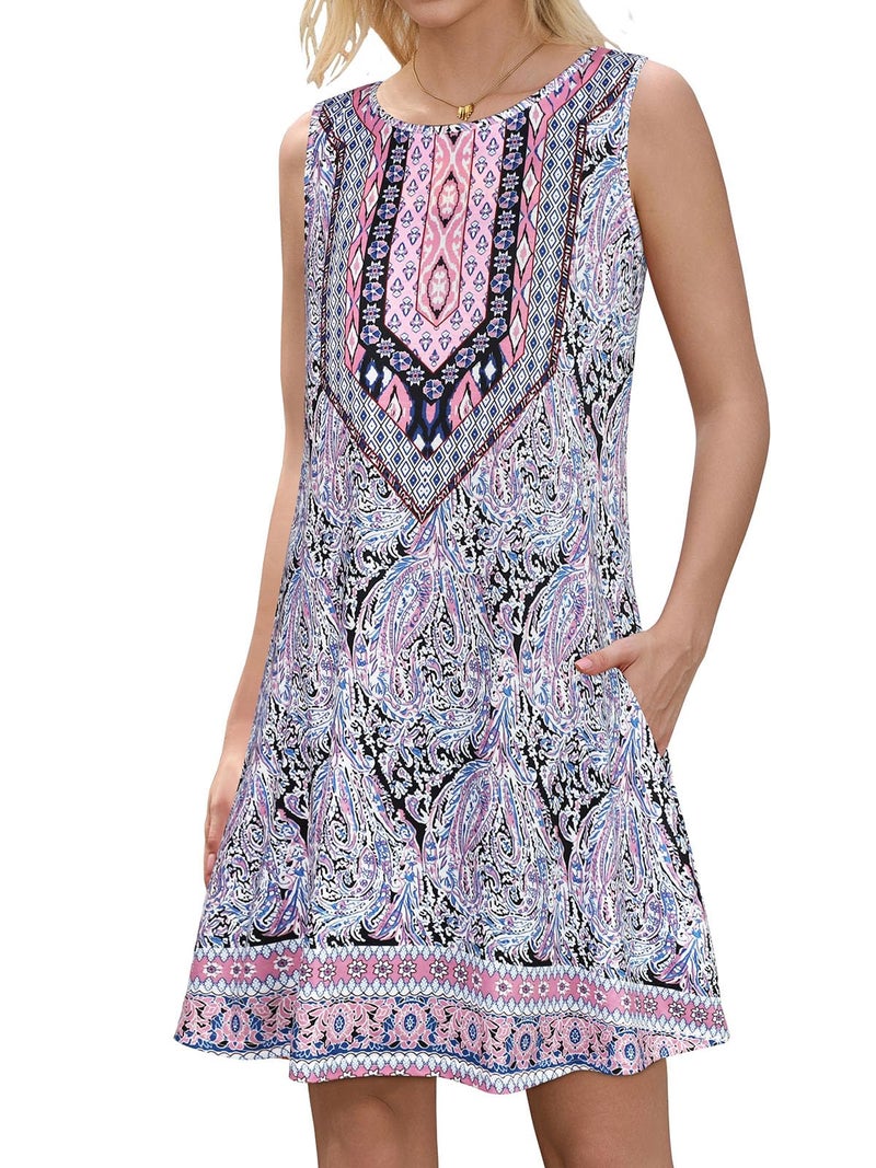 elescat Boho Dresses for Women Summer Ethnic Beach Sleeveless Vintage Floral Flowy Pocket Tshirt Tank Sundresses(Purple,XL) - Image 4