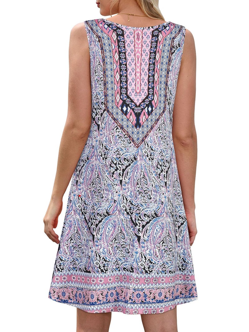elescat Boho Dresses for Women Summer Ethnic Beach Sleeveless Vintage Floral Flowy Pocket Tshirt Tank Sundresses(Purple,XL) - Image 5