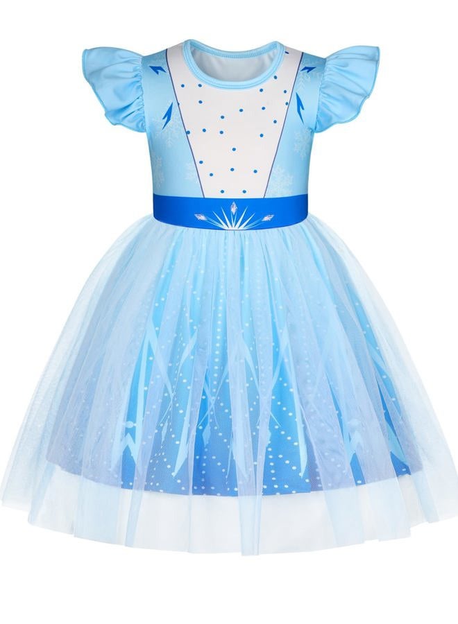 HenzWorld Costume for Girls Princess Dressing up Clothes Halloween Costumes Toddlers Birthday Gift for 2T Age 2-3 Years Blue White Kids Short Flutter Sleeve Tulle Tutu Dresses - Image 1