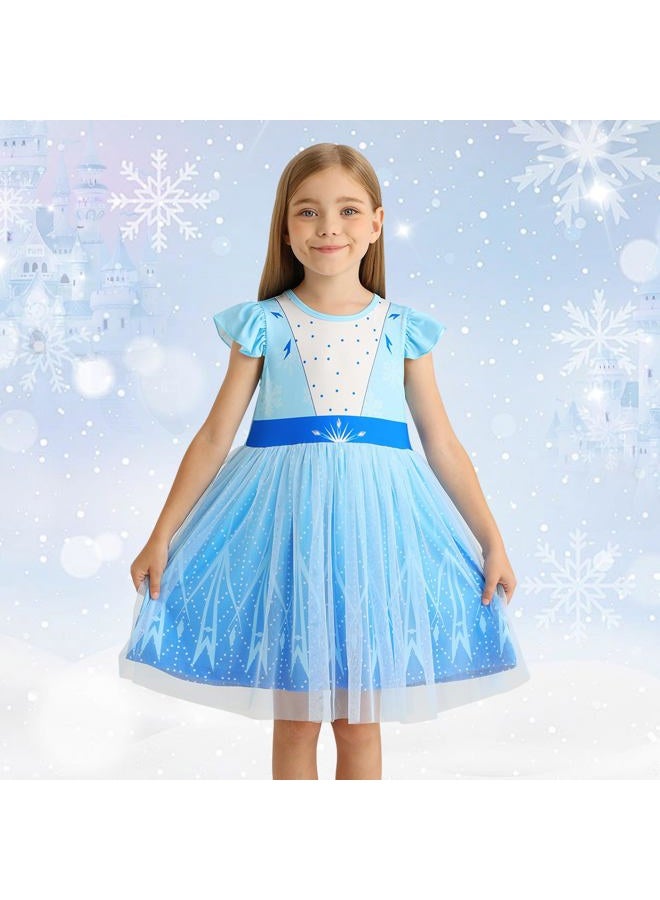 HenzWorld Costume for Girls Princess Dressing up Clothes Halloween Costumes Toddlers Birthday Gift for 2T Age 2-3 Years Blue White Kids Short Flutter Sleeve Tulle Tutu Dresses - Image 2
