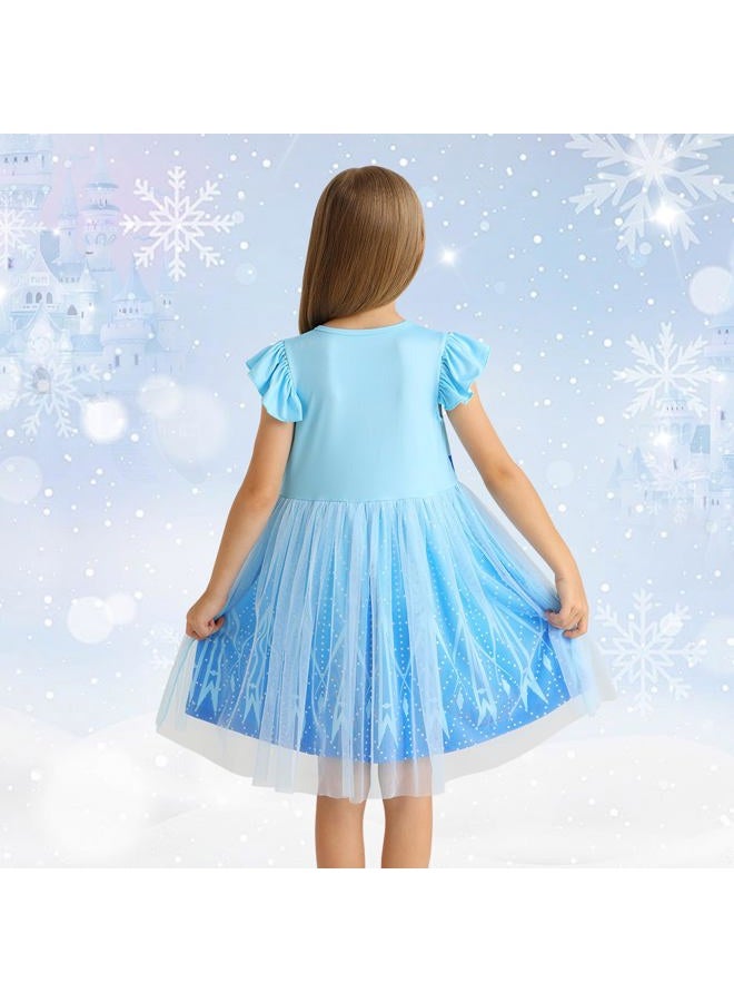 HenzWorld Costume for Girls Princess Dressing up Clothes Halloween Costumes Toddlers Birthday Gift for 2T Age 2-3 Years Blue White Kids Short Flutter Sleeve Tulle Tutu Dresses - Image 3