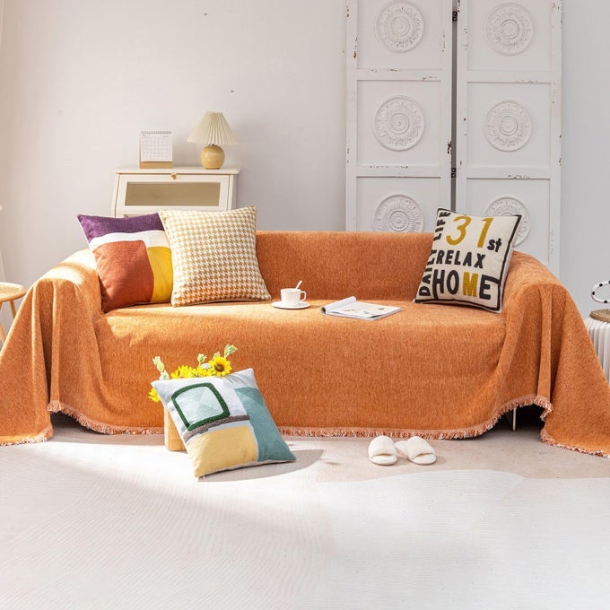 VCLIFE MODERN ORANGE COUCH COVER LARGE CHENILLE SOFA COVER FOR L SHAPE COUCH BREATHABLE WASHABLE COUCH COVER FOR 2 CUSHION COUCH SOFA LIVING ROOM FURNITURE PROTECTOR FOR KIDS 71X 118