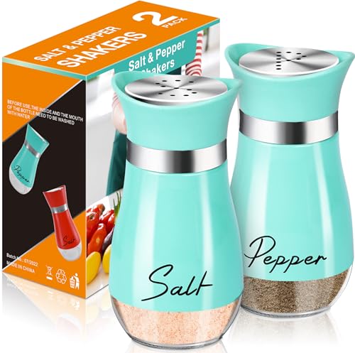 Arrozon Salt and Pepper Shakers Set,4 oz Glass Bottom Salt Pepper Shaker with Stainless Steel Lid for Kitchen Cooking Table, RV, Camp,BBQ Refillable Design (Cyan-Blue) - Image 1