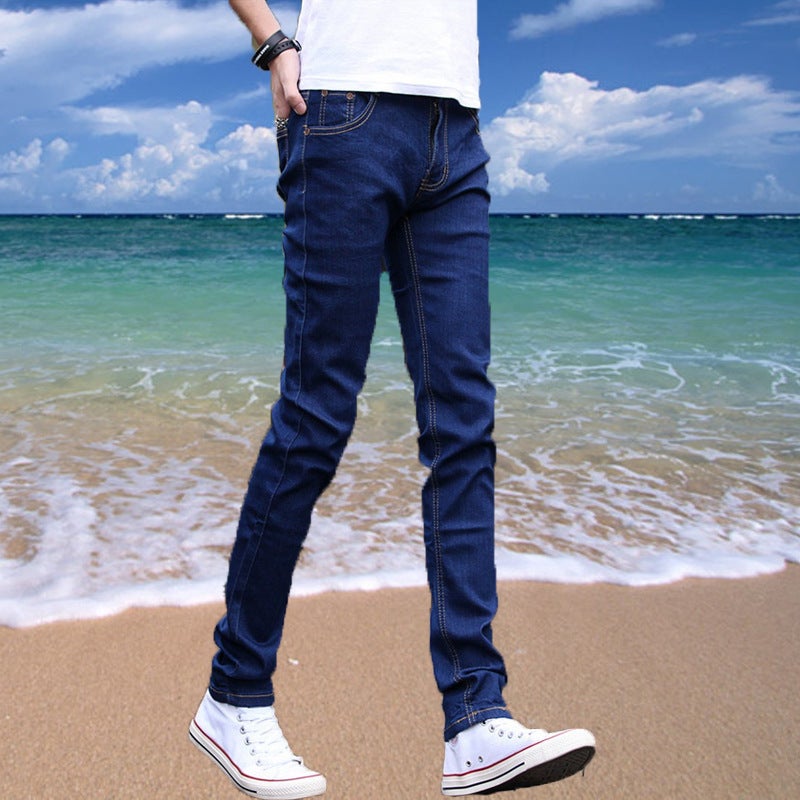 Korean Summer Thin Mens Jeans Casual Slim Trendy Stretch Pure Blue Pants Jeans 