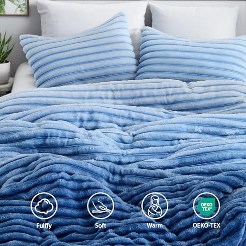 Regency Heights Cuddly Ribbed Fluffy Comforter Set King Size, Super-Soft Plush Fleece Bedding Set, Warm Fuzzy Comforter with Matching Shams, All-Season Cozy 3-Piece Bed Set, Blue Ombre - Image 3