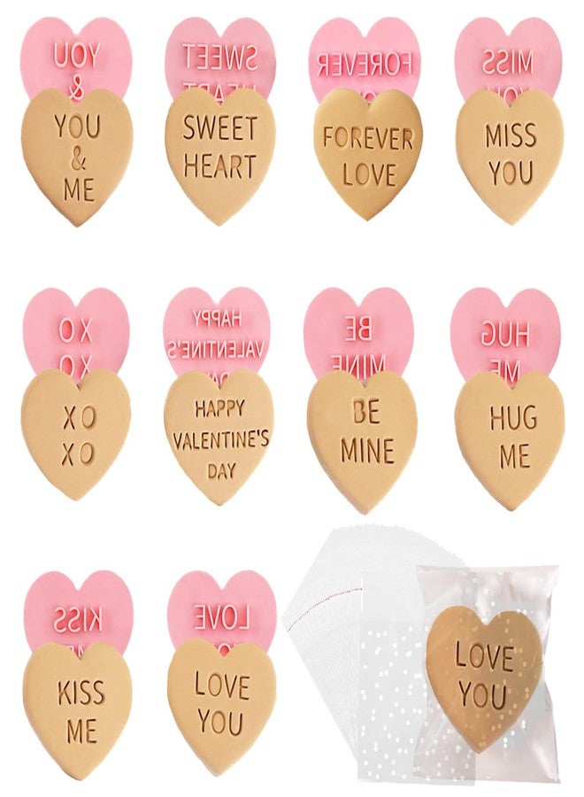 WUXTANGZ 110Pcs Valentine's Day Cookie Cutters, 3D Hearts Cookie Stamps & Cookie Treat Bags Set, Plastic Cookie Press Cookie Mould Kitchen Tools for Party DIY Baking Supplies (Hearts C) - Image 1