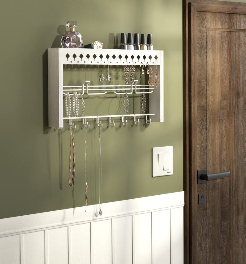 J JACKCUBE DESIGN JackCubeDesign - Wood Wall Mount Jewelry Organizer with Metal Hooks for Necklaces, Ring, Earrings (White Wood) - MK460C - Image 2