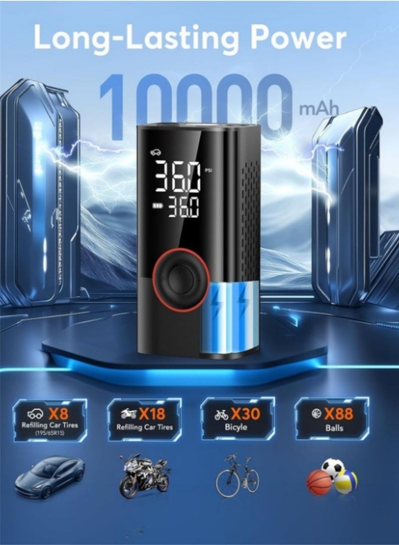 إثارة منفاخ إطارات سيارة رقمي، ضاغط هواء، مزود بشاشة LCD، 10000 مللي أمبير/ساعة، مع إيقاف تشغيل تلقائي، 4 أوضاع نفخ للسيارة، مضخة هواء لاسلكية قوية، شاشة رقمية/إضاءة LED، منفاخ إطارات صغير 150 رطل/بوصة مربعة للسيارة، شحن سريع من النوع C، بنك طاقة ومصباح طوارئ LED، للسيارة والدراجة النارية والكرات والألعاب القابلة للنفخ - Image 2