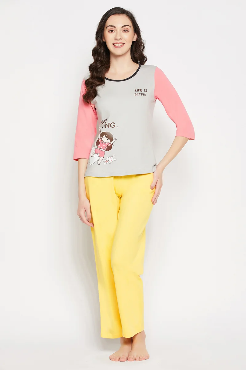 Clovia Clovia Quirky Quotes Colourblocked Top in Grey & Chic Basic Pyjama in Yellow - 100% Cotton