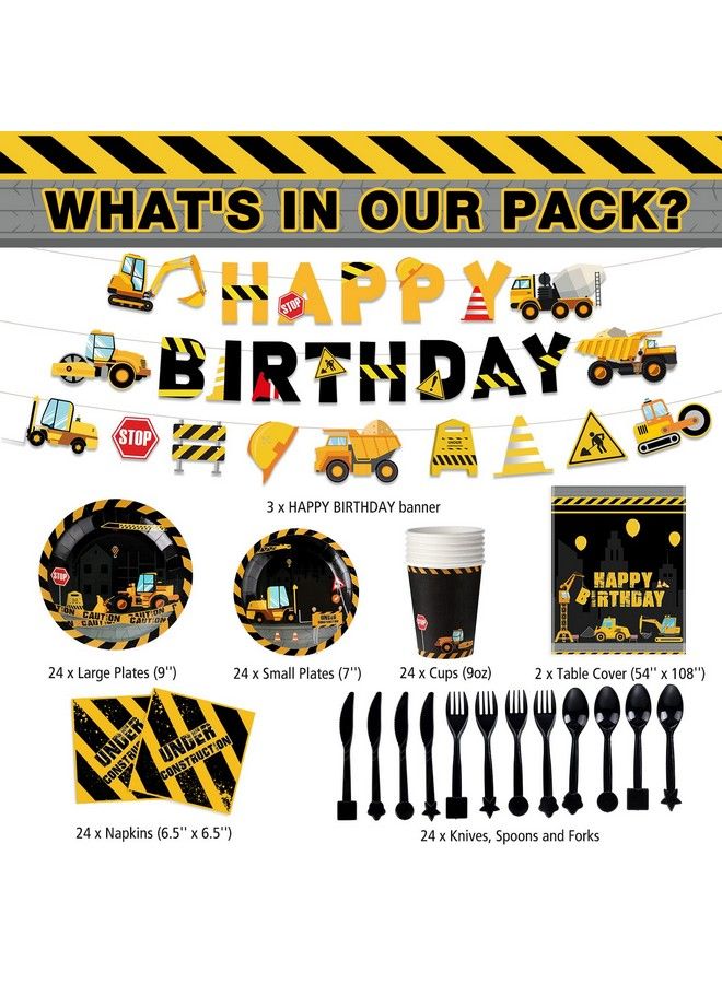Tiamon 173 Pcs Construction Birthday Party Supplies Serves 24 Include Construction Tablecloth Dump Truck Banners Construction Theme Plates Napkins Tableware Set For Kids Construction Birthday Party Supply - Image 3