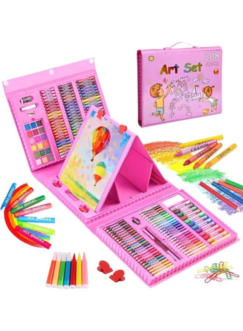 VUCATIN 208 PCS Drawing Art Kit Art Supplies Gifts for Girls Boys Teens Art Set Crafts Case with Double Sided Trifold Easel Includes Watercolor Pens Oil Pastels Crayons Colored Pencils (Pink) - Image 1