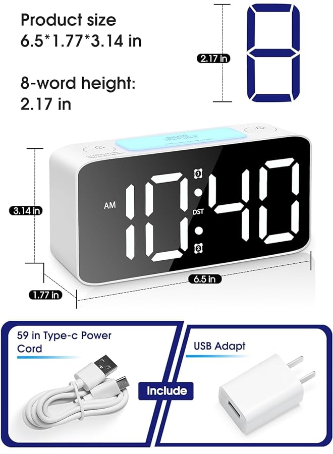 LINJIE Digital Alarm Clock Super Loud Alarm Clock With 7 Color Nightlight Adjustable Volume Dimmer Usb Charger Small Clocks For Bedrooms Ok To Wake Up For Kids Teens White+Rgb - Image 5