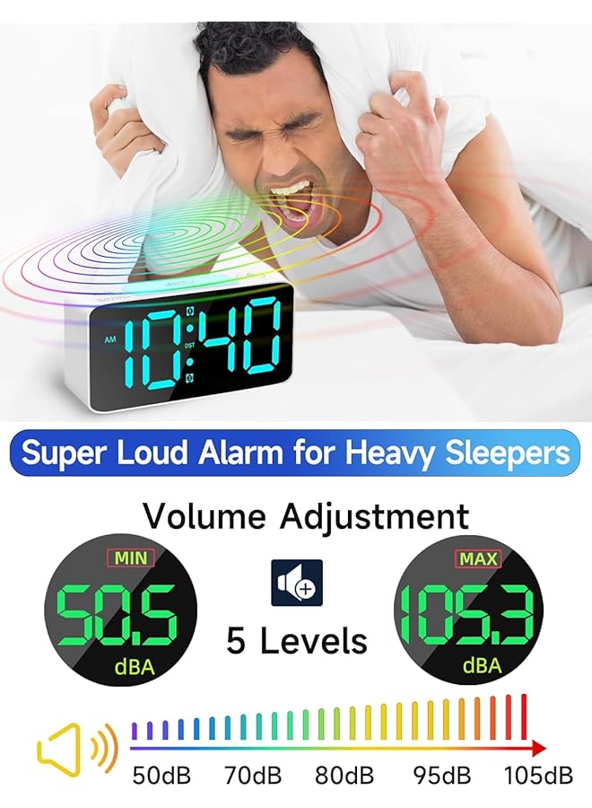 LINJIE Digital Alarm Clock Super Loud Alarm Clock With 7 Color Nightlight Adjustable Volume Dimmer Usb Charger Small Clocks For Bedrooms Ok To Wake Up For Kids Teens White+Rgb - Image 4