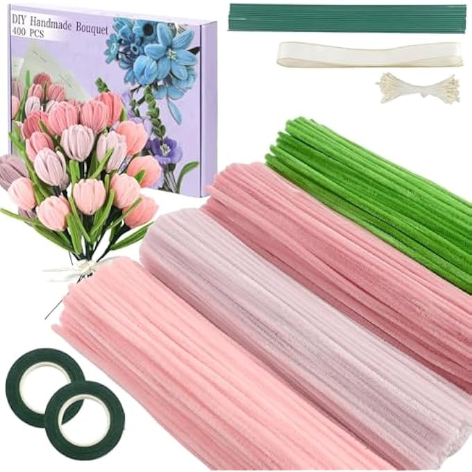 400PCS PIPE CLEANERS CRAFT, 4 COLORS PIPE CLEANERS BULK, CHENILLE STEMS FOR DIY FLOWER MAKING KIT, INCLUDE RIBBONS, STEMS,TAPE, STAMENS, GLUE STICKS - Image 2