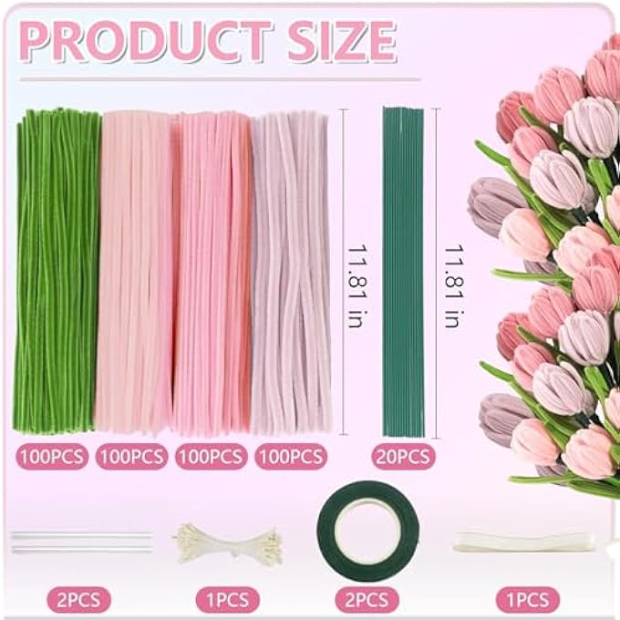 400PCS PIPE CLEANERS CRAFT, 4 COLORS PIPE CLEANERS BULK, CHENILLE STEMS FOR DIY FLOWER MAKING KIT, INCLUDE RIBBONS, STEMS,TAPE, STAMENS, GLUE STICKS - Image 3