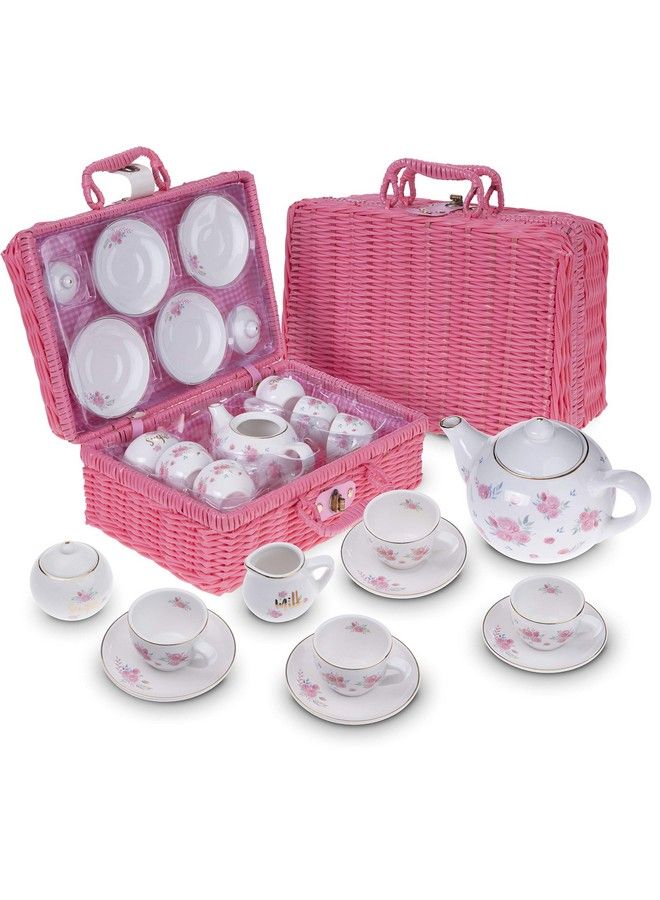 JewelKeeper Porcelain Tea Set For Girls Pink Ceramic Tea Cups With Pink Box Tea Glass Toy For Kids Tea Party Ideal Gift For Toddlers And Children'S Ages 3 Years Old Floral Design 13 Pieces - Image 2