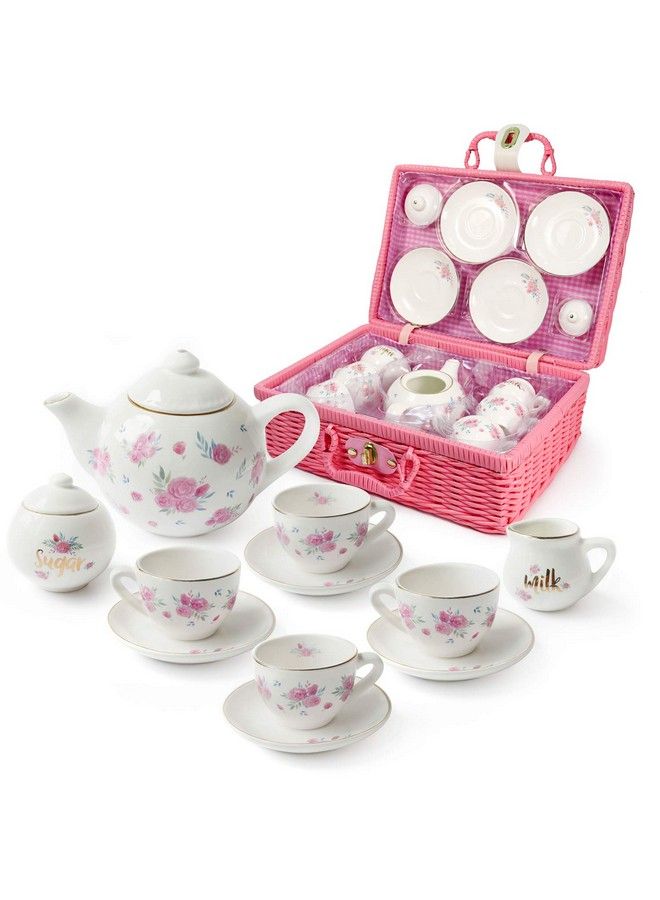 JewelKeeper Porcelain Tea Set For Girls Pink Ceramic Tea Cups With Pink Box Tea Glass Toy For Kids Tea Party Ideal Gift For Toddlers And Children'S Ages 3 Years Old Floral Design 13 Pieces - Image 3