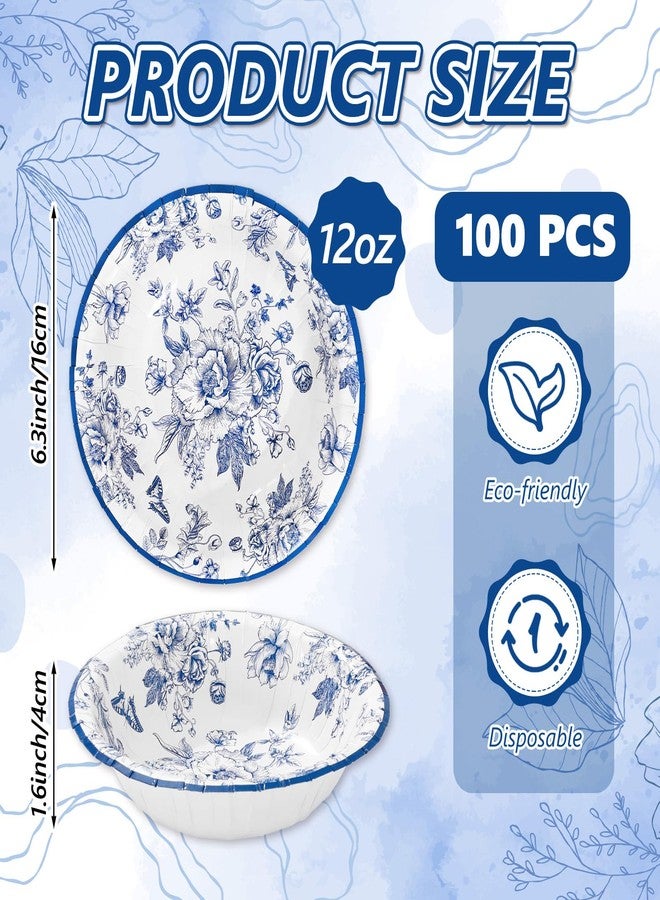Whaline 100Pcs Blue Floral Paper Bowls Chinoiserie Flower Disposable Serving Bowls Vintage Blue White Ice Cream Bowl for Wedding Birthday Party Supplies - Image 2