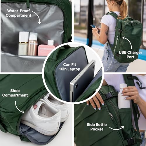 Carrywell (Not Made In China) Travel Backpack Airline Approved, Carry-On Underseat, Holds 15.6 or 16 Inch Laptop, Personal Item Bag with Shoe Compartment For Men Women, Green 30l - Image 2