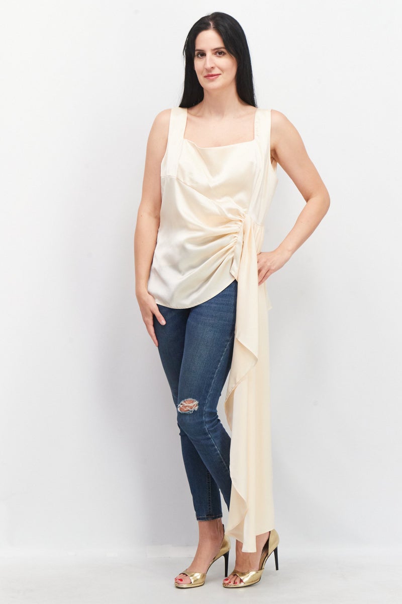 Yaura Women Plus Size Square Neck Sleeveless Drape Top, Light Peach - Image 1