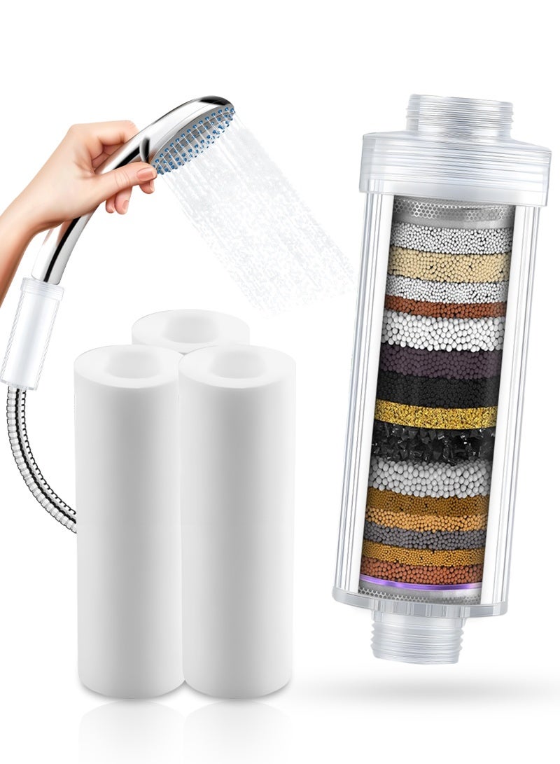 فلتر دش للمياه العسرة مع مؤشر تغيير الفلتر المرئي، إزالة الكلور والصدأ بدقة 0.5 ميكرون، مياه ناعمة لحماية الشعر والبشرة، نظام طويل العمر مع 3 فلاتر - Image 1