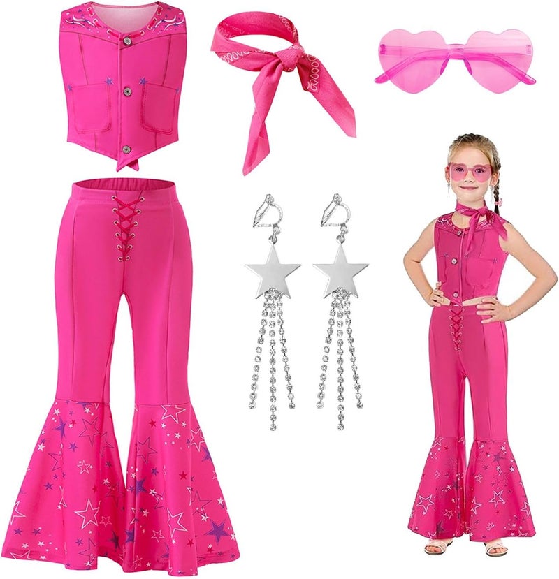 Home Smart Cowgirl Costume for Girls Pink Western Cowgirl Suit Princess Costume with Pant Top Bow Tie and Glasses Ideal Gift for Birthday - Image 1