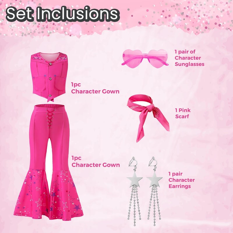 Home Smart Cowgirl Costume for Girls Pink Western Cowgirl Suit Princess Costume with Pant Top Bow Tie and Glasses Ideal Gift for Birthday - Image 3