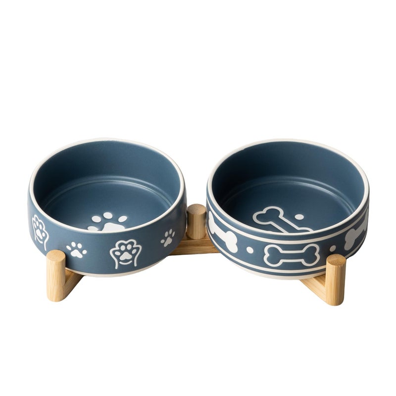 Dafuceramic Dog Bowls Set with Stand, 1.5 Cups Ceramic Puppy Bowls for Dogs, Dual Dog Food and Water Bowls with Bone Pattern,Weighted Non-Slip Base (S-1.5 Cups) - Image 1