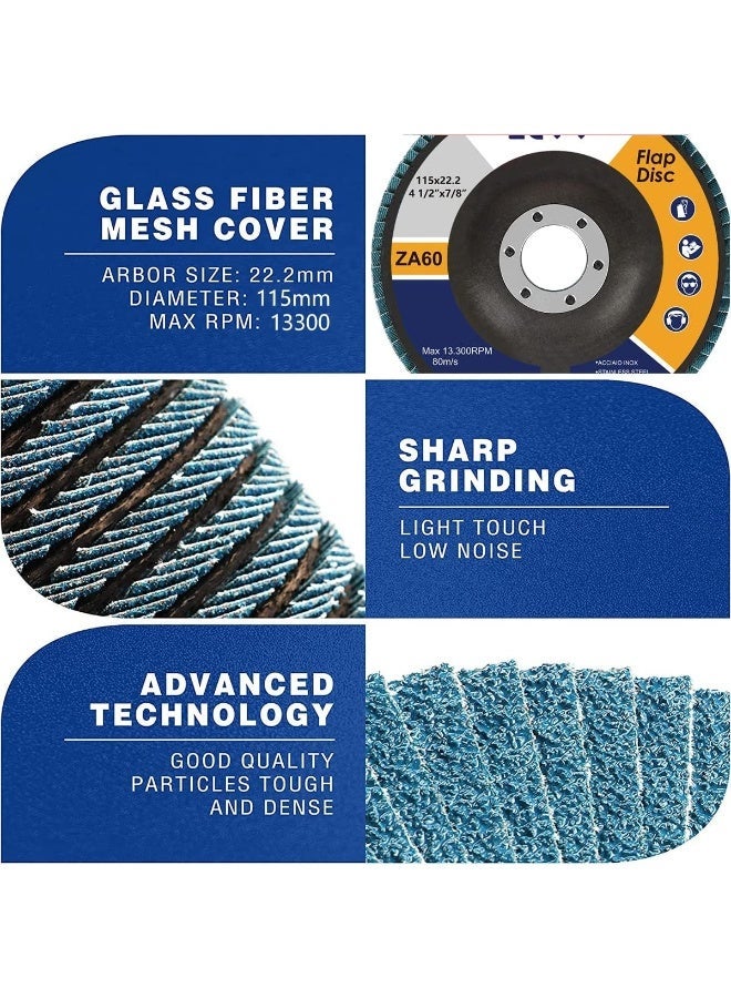 ECVV 10 Pack Flap Disc 115mm (4.5â€) Flapper Wheel Fine Processing Grinding Wheels Flap Disc for Angle Grinder Wood & Metal Sanding (60 Grit) Blue - Image 1