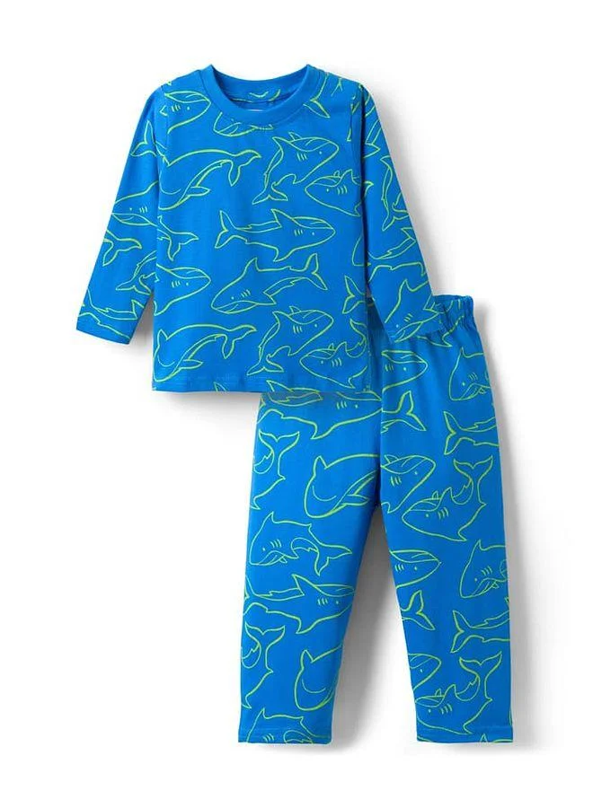Babyhug Babyhug Cotton Knit Sea Life Printed Co-Ords T-Shirt & Pyjama Pant Night Suit - Blue