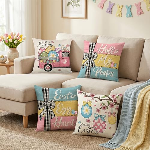 Ni-JASW Buffalo Plaid Easter Throw Pillow Covers 18 x 18 Inch Set of 4, Colorful Bunny Eggs Spring Pillow Cases for Couch Sofa Decor - Image 2