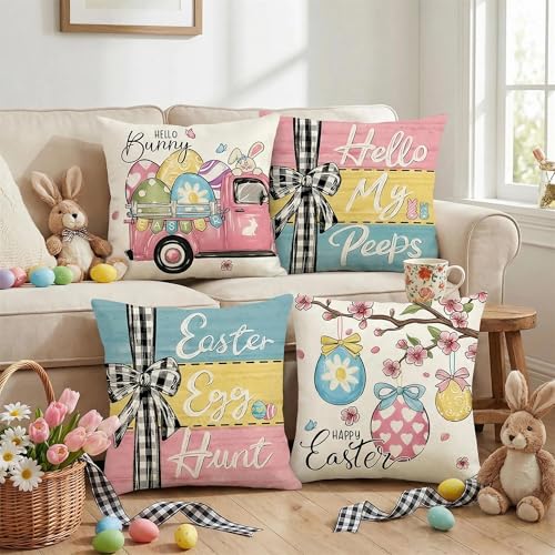 Ni-JASW Buffalo Plaid Easter Throw Pillow Covers 18 x 18 Inch Set of 4, Colorful Bunny Eggs Spring Pillow Cases for Couch Sofa Decor - Image 4